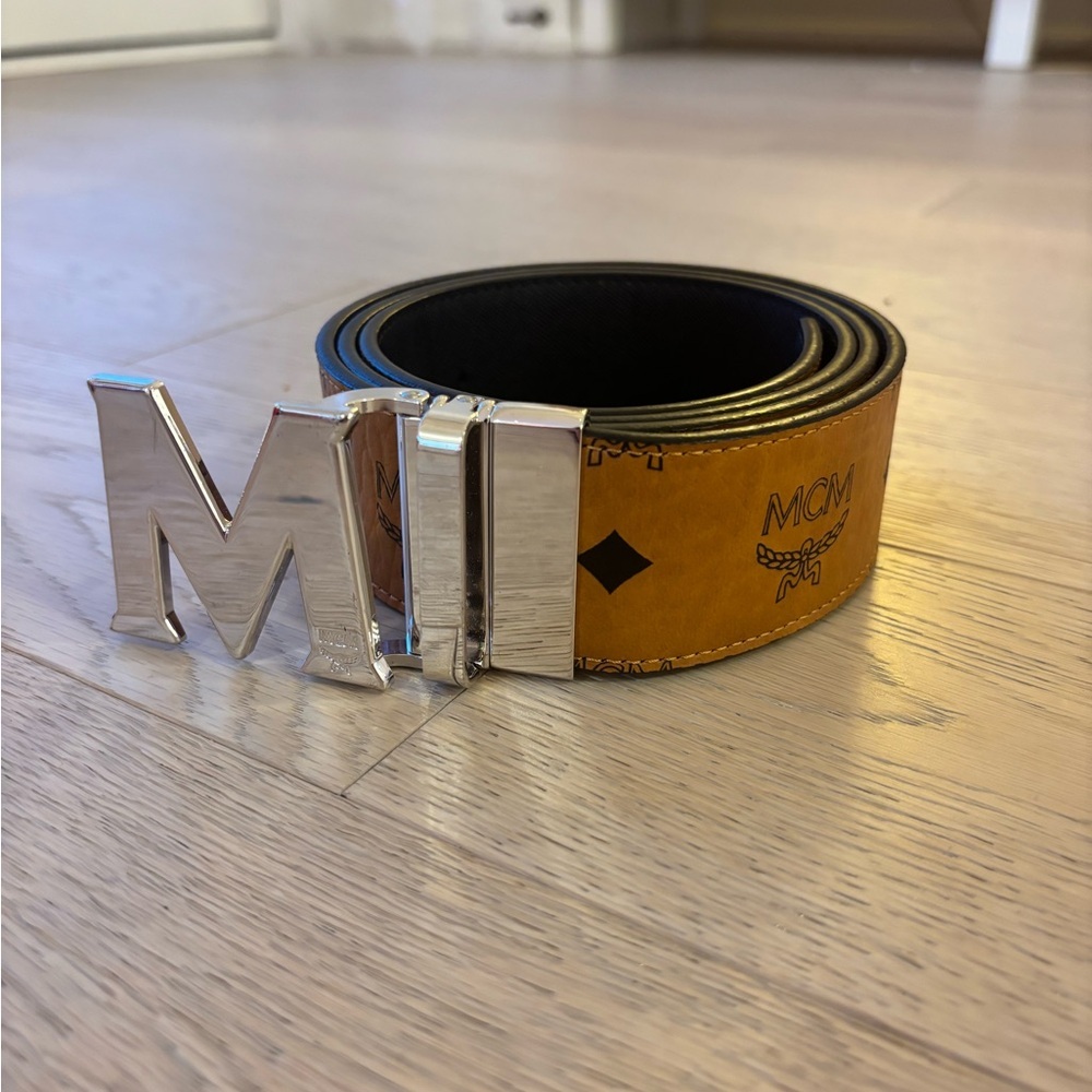 MCM Men's Cognac Tan Leather Belt with Silver Buckle